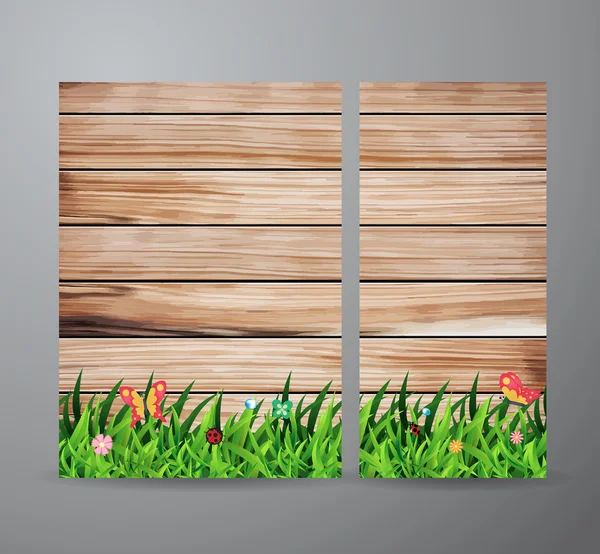 Vector green grass on wood fence background — Stock Vector