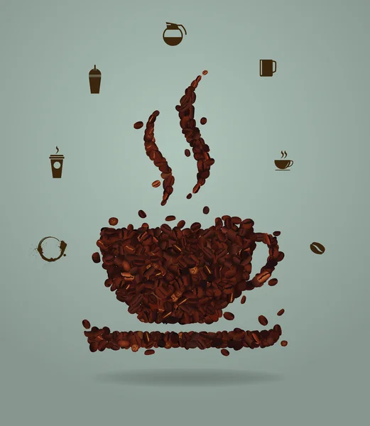 Roasted coffee beans placed in the shape of a cup, Vector illust — Stockvector