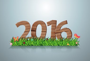 2016 mutlu yeni yıl ahşap taze bahar yeşil çimenlerin üzerinde oturum