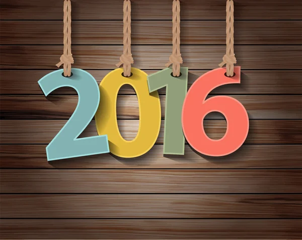 Feliz año nuevo 2016 tarjeta de felicitación de papel en textura de madera — Vector de stock