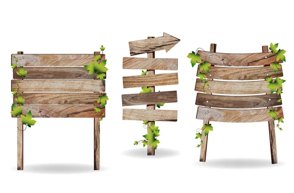 Panneaux en bois avec feuilles vertes éléments décoratifs — Image vectorielle