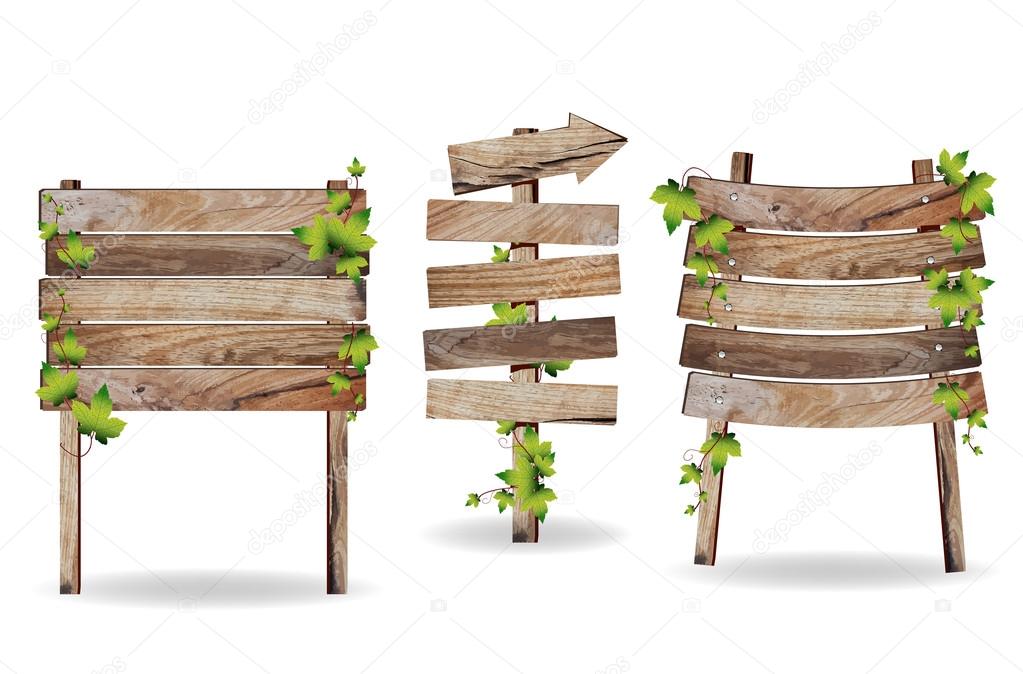 Wooden signs with green leaves decorative elements