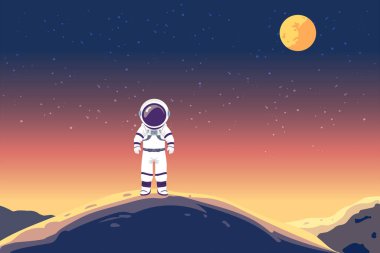 Vektör astronot uzak bir gezegende yıldızlı bir gökyüzünün altında tek başına duruyor, keşfi simgeliyor.