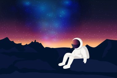 Kayalık bir uçurumda oturan vektör astronot, yıldızlarla dolu engin bir gökyüzünün altında dinleniyor. Yumuşak alacakaranlık, gece karanlığında renkleri boyar