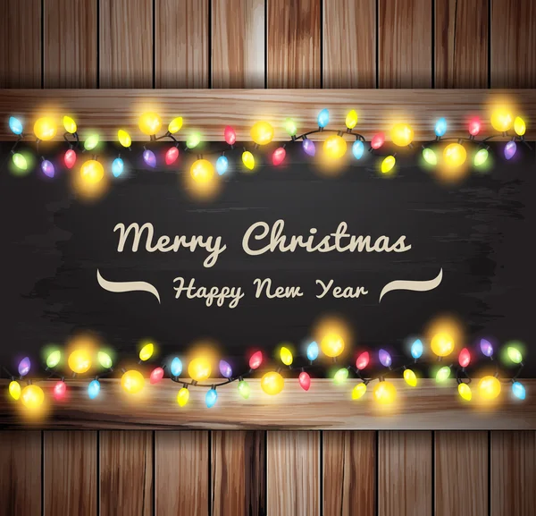 Christmas lights op houten planken en schoolbord, Vector afb — Stockvector