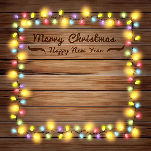 Christmas lights on wooden boards — Stock Vector