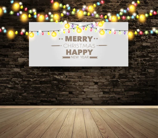 Cartelera en blanco o cartel en la habitación de la pared con luces de Navidad — Vector de stock
