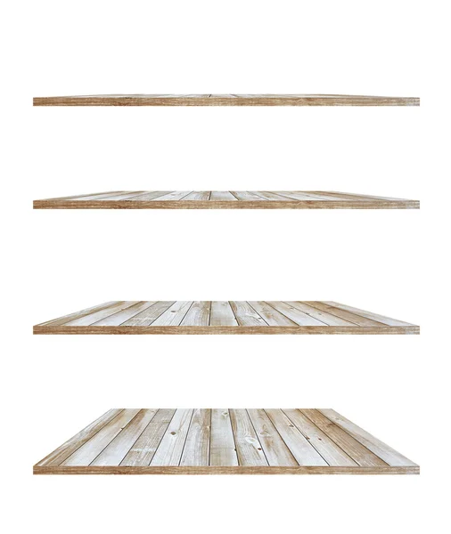 Colección de estantes de madera sobre un fondo blanco aislado —  Fotos de Stock