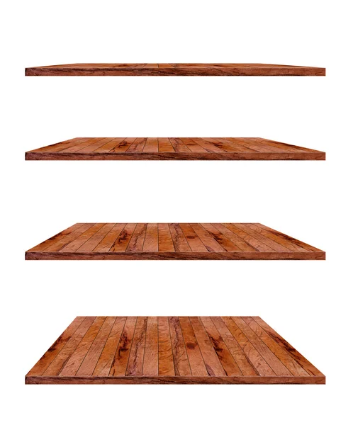 Collection of wooden shelves on an isolated white background — Stock Photo, Image