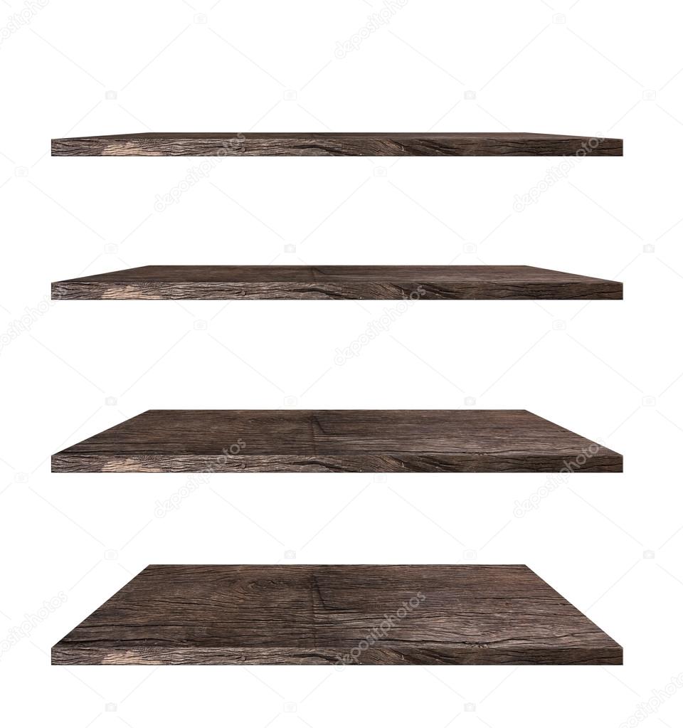 Collection of wooden shelves on an isolated white background