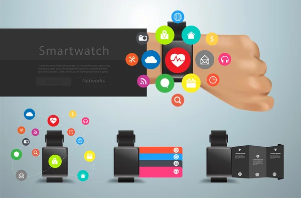 Κιτ εικονίδια διασύνδεσης χρήστη δικτύων κοινωνικών μέσων μαζικής ενημέρωσης SmartWatch — Διανυσματικό Αρχείο