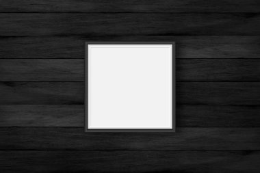 Siyah tahta duvardaki boş çerçeve, duvardaki siyah poster çerçevesi, resim çerçevesi için maket yap estetik yaratıcı tasarım için.