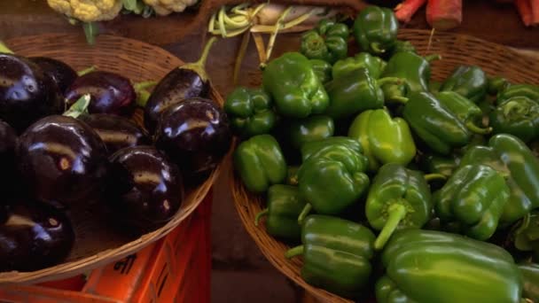 Verse Groene Capsicum Gepresenteerd Met Brinjal Groentemarkt Wortel — Stockvideo