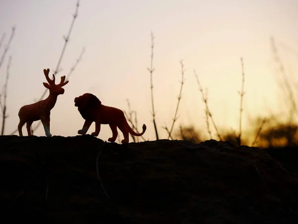 Toy Lion and deer standing together with friendly nature image concept.