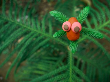 Doğal tropikal bitki kırmızı renkli yumurta şeklinde kil karikatür başı sunar.