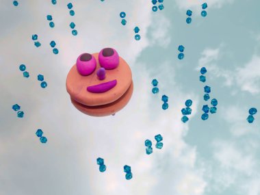 Clay, gülen yüzlü ve mavi kristal arka planlı Ay çizgi filmi gözleri yaptı..