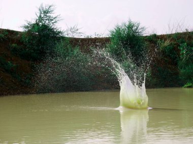 Taşın düşüşünden dolayı gölde su dalgası görüntüsü.