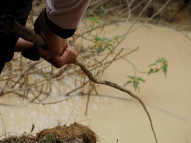 Balıkçı sopası oğlanın elini tutuyor. Su gölü manzarası..