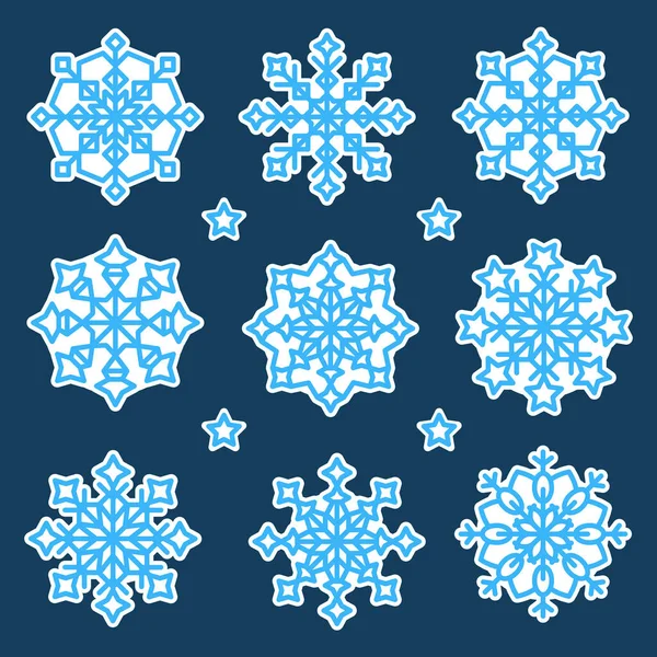 Zestaw niebieskich płatków śniegu z białym obrysem na niebieskim tle, naklejki na płatki śniegu . — Wektor stockowy