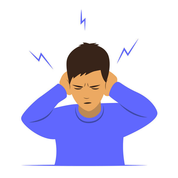 The boy with closed eyes covers his ears with his hands, dissatisfied and angry .