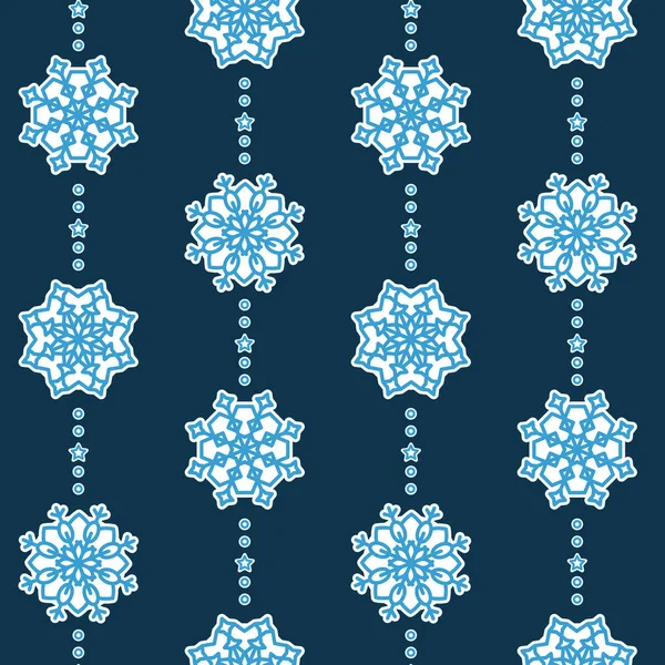 Niebieski bezszwowy wzór ze stylizowanymi płatkami śniegu i gwiazdami. Zimowe Boże Narodzenie tło. — Wektor stockowy