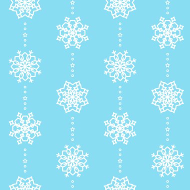 Kusursuz vektör deseni, açık mavi zemin üzerinde beyaz kar taneleri, daireler ve yıldızlar. .