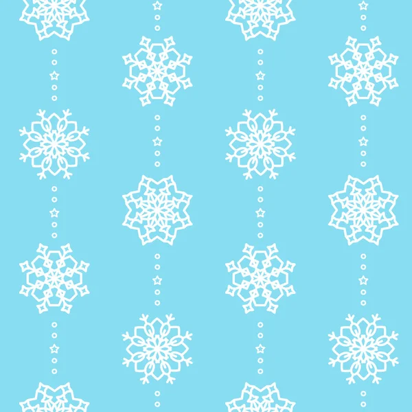 Płynny wzór wektora, na jasnoniebieskim tle łańcuchy białych płatków śniegu, okręgów i gwiazd . — Wektor stockowy
