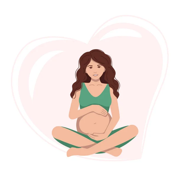 Een zwangere vrouw zit en knuffelt haar dikke buik en doet meditatie . — Stockvector