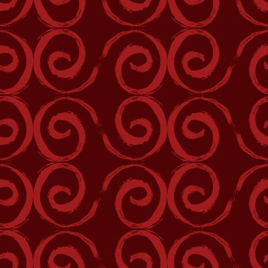 Koyu kırmızı arkaplan üzerine elle çizilmiş kırmızı girdaplı soyut, pürüzsüz desen. .