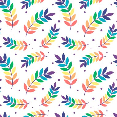 Beyaz arkaplanda gökkuşağının her renginden yaprakları olan kusursuz bir desen. .