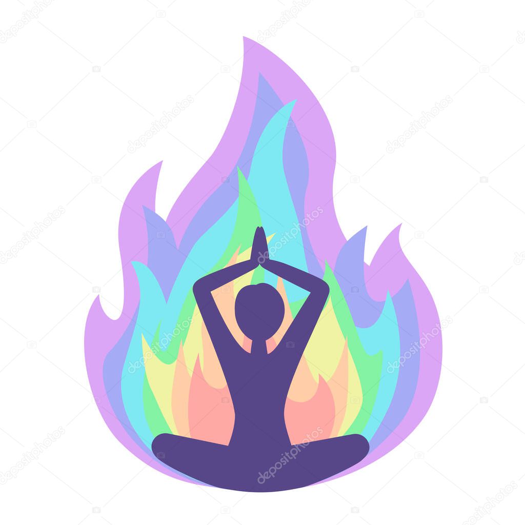 A woman does yoga and you can see her biofield in the abstract form of a flame .