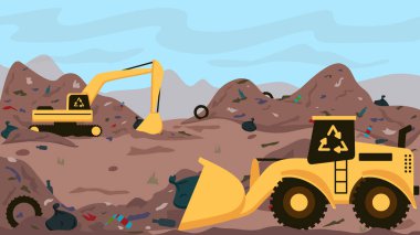 At the garbage dump, waste recycling equipment works , removes garbage and cleanses nature from pollution.