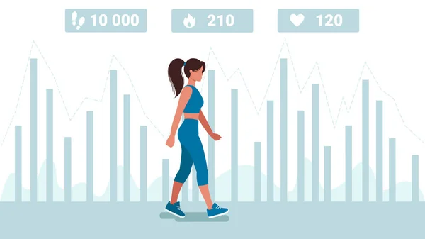 A girl walks along the road on the background of a pedometer graph . At the top are icons for counting steps, calorie consumption, and heart rate measurement. — Stock Vector