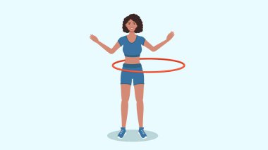 Kolsuz tişörtlü ve şortlu bir kadın çemberi çeviriyor. Canlandırma için bir karakter .