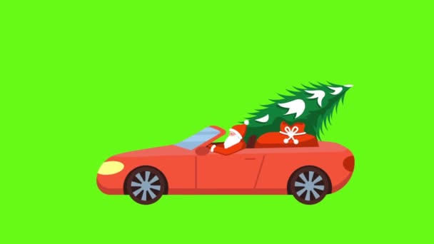 Kerstman rijdt in een rode auto met een kerstboom en geschenken op een groene achtergrond . Stockvideo