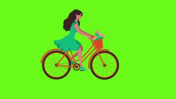 Uma menina em um vestido verde está montando uma bicicleta com flores em uma cesta. Ilustração animada de um passeio de bicicleta em um fundo verde . — Vídeo de Stock