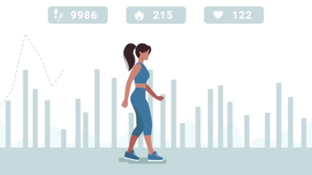 La femme marche, et le comptoir sur le dessus compte les pas, la consommation de calories et le pouls . — Video