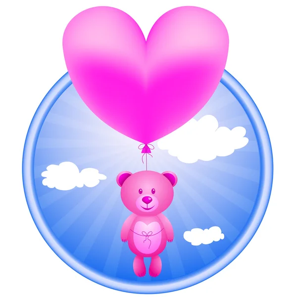 Розовый медведь летит на воздушном шаре в форме сердца  . — стоковый вектор
