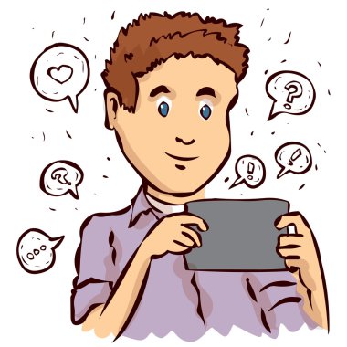 Genç adam onun tablete sohbetleri