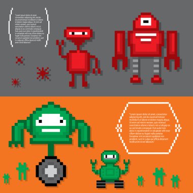 Robotlar afiş kümesi. Piksel sanat