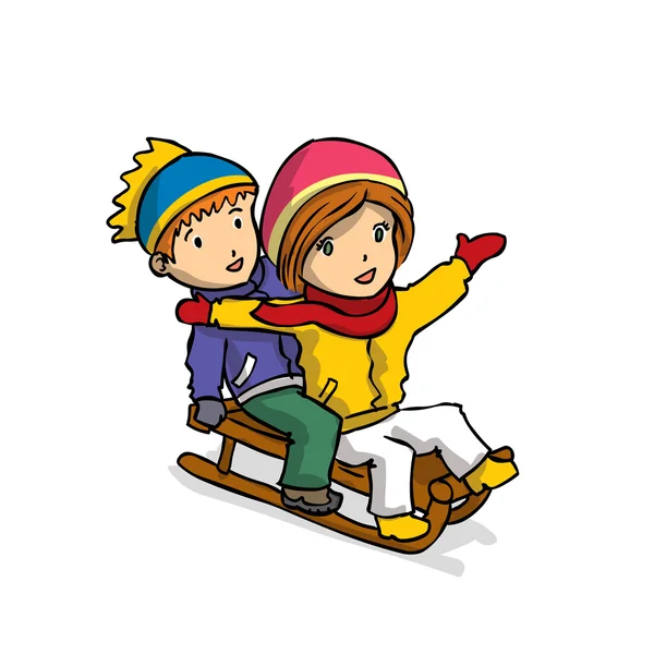 孩子们在雪地上滑雪橇 — 图库矢量图片
