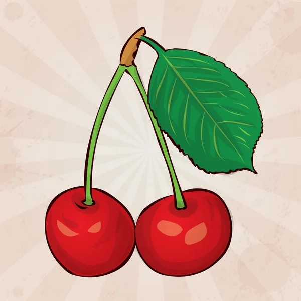 Dos cerezas rojas en una rama con hoja — Vector de stock