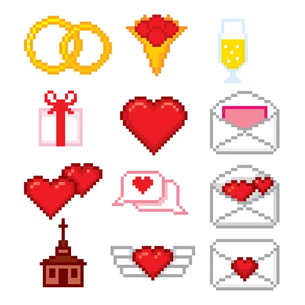 Wedding icons set. Pixel art. — Stock Vector