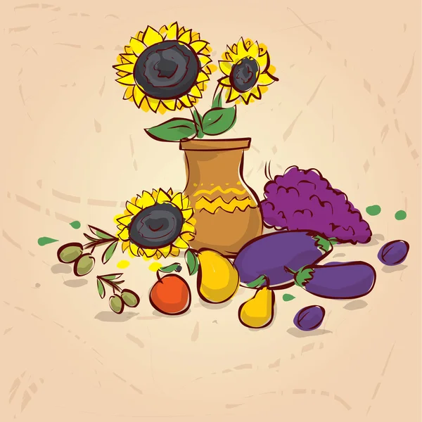 Zonnebloemen in vaas, aubergines, druiven, peren, appel, olijven — Stockvector