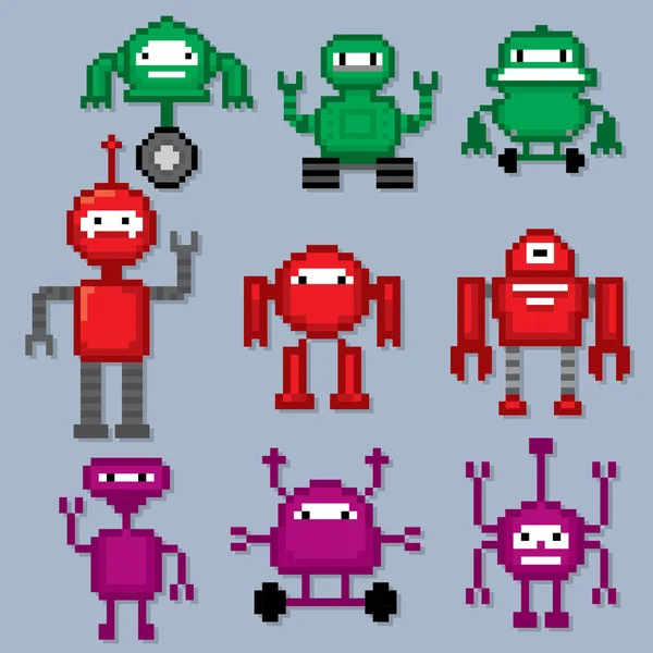 Cartoon Robots instellen. Pixelart. — Stockvector