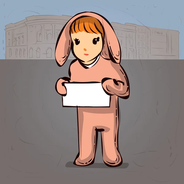 Flicka i en kanin kostym med Tom skylt — Stock vektor