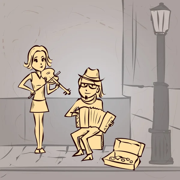 Pouliční hudebníci hrají housle a akordeon. — Stockový vektor
