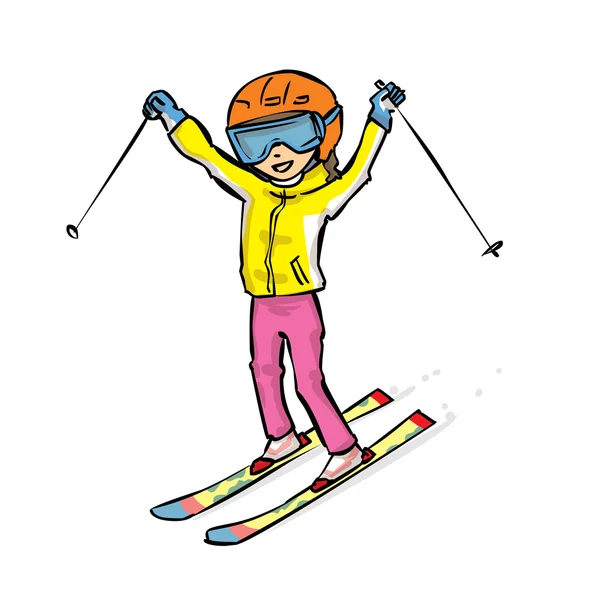Esquiador desenhado à mão no lado da montanha — Vetor de Stock