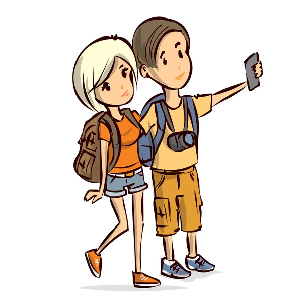 Young couple of tourists making selfie. — Stock Vector