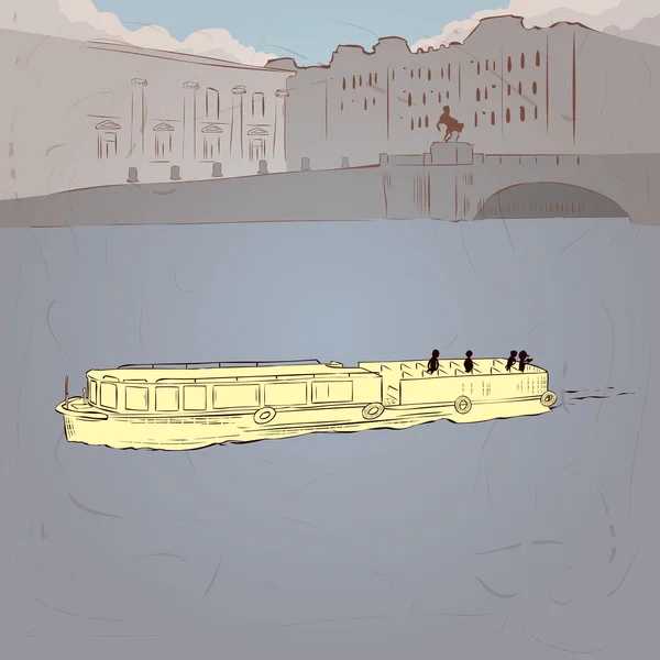 Barco de cruzeiro turístico no rio . —  Vetores de Stock